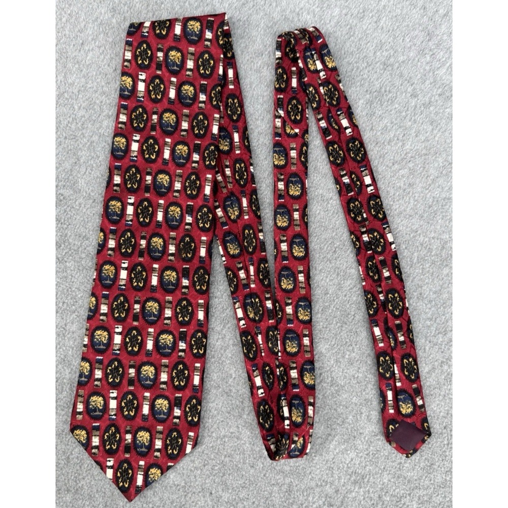 Red Silk Necktie Tree Medallion Print Navy Gold Classic Mens Tie
